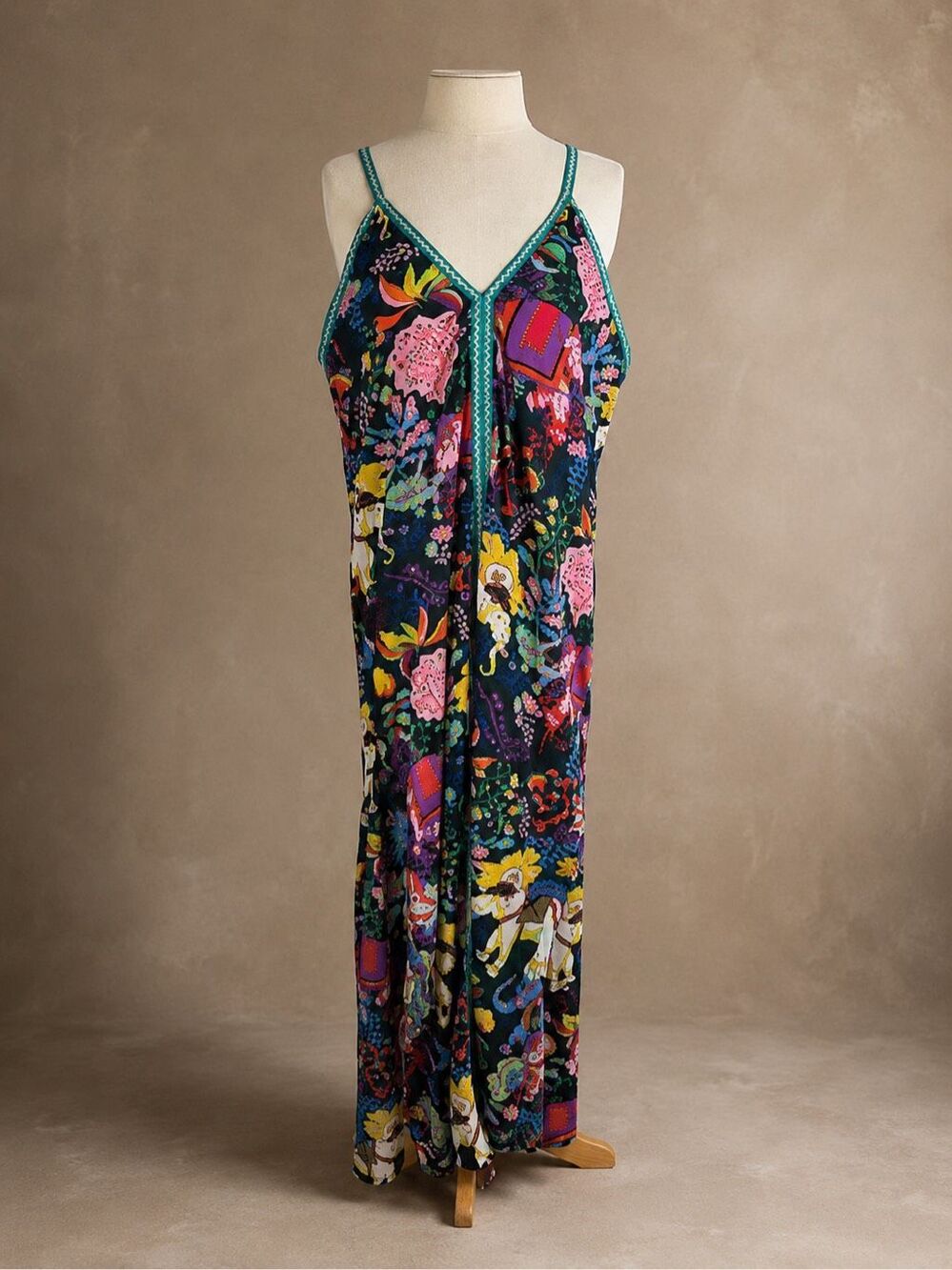 America & Beyond OS Boho Elephant Floral Halter Maxi Dress Multicolor